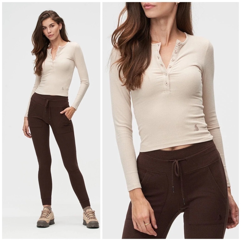 Kuwalla Cafe Latte Beige Ribbed Knit Henley Long Sleeve Top Stretch L